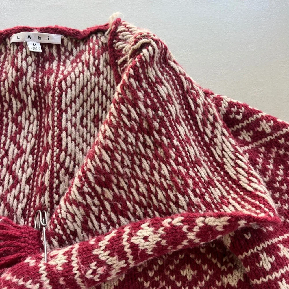Cabi M Red White Fair Isle Wool Blend Pin Closure Knit Wrap Nordic Shrug Sweater